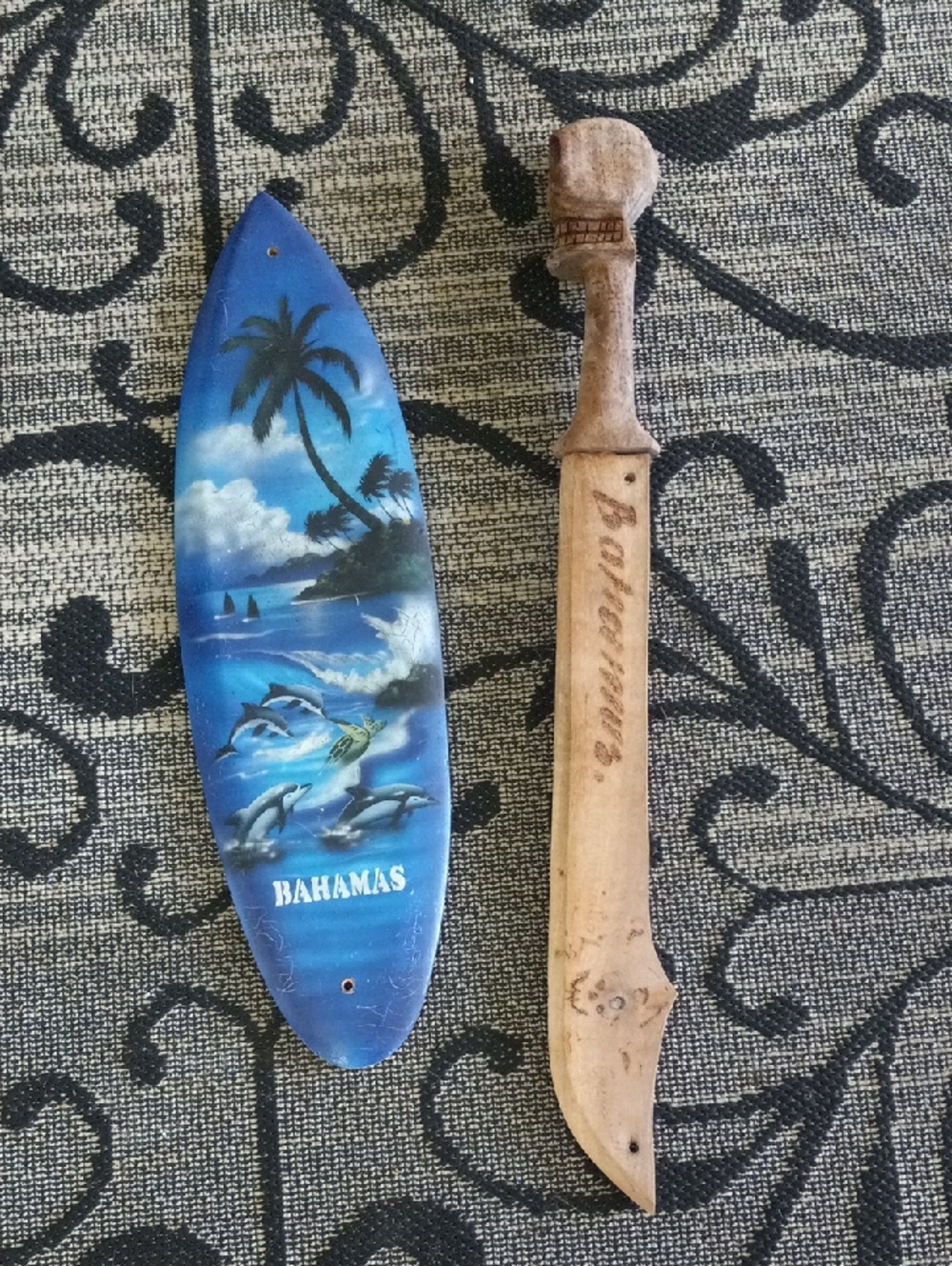 Bahamas Surfboard & Wooden Skull Engraved Sword Wall Decor